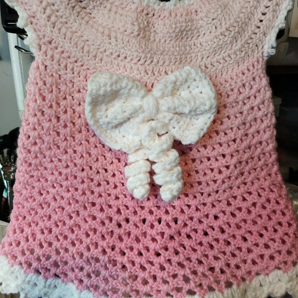 Handmade Girls Crocheted Baby Dress (6 - 9 months) - Pink with Big White Bow